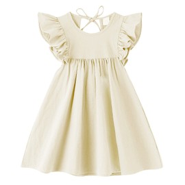 LYXIOF Toddler Baby Girl Cotton Linen Dress Ruffle Sleeve Halter Sleeveless Kids Casual Dresses Beige 100CM