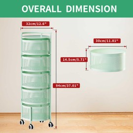 JAQ Rotating Fruit Basket, 5-Tier Metal Sturdy Kitchen Storage Rack Shelf Carts No Assembly on Rolling Wheels for Fruit Vegetable Grocery Corns Potato Onion (5-Tier, Green)
