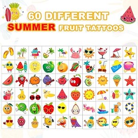 JUNEBRUSHS Summer Fruit Temporary Tattoos, 120 Pcs Hawaiian Themed Tattoos Kids Summer Beach Party Decorations Pool Toy Supply 60 Styles Safety Face Make up for Summer Decorations Boys Girls