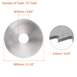 sourcing map Circular Saw Blade, 63mm (2-1/2") Dia 0.8mm Thick 72 Tooth, 6542 High Speed Steel (HSS) Milling Cutter with 16mm Arbor for Wood PVC Aluminum Cutting