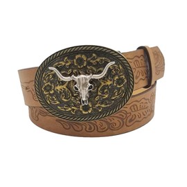 KFSCIP Cowboy Belts for Men, Western Belt with Oval Bull Head Design, Punk PU Leather Belt for Jeans, Adjustable Belt for Western Parties, 103 cm Length