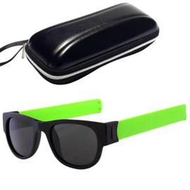 PCShop888 Slap Sunglasses (Green) Novelty Foldable Sunglasses, Snap to Your Wrist or Bag, Creative Roll and Clip on Bracelet for Men, Women Kids, UV 400 Protection. Packed in Nice Case, 50mm,42mm