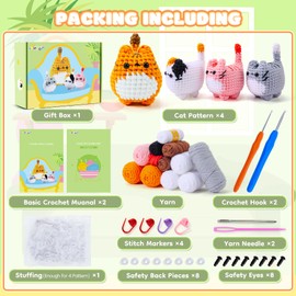 Cat Crochet Set for Beginners Crochet Animal Kit Complete Cat Crochet with Yarn Hook Needles, Step by Step Video Crochet Learning Crochet Set Beginner Animal Set Beginner Crochet Set Cat Crochet Sets