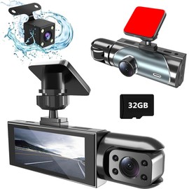 3 Channel Dash Cam Front and Rear Inside for Cars, 4K Full UHD Car Camera with 32GB Card, IR Night Vision, 3.18” IPS Screen, 176° Wide Angle, 24H Parking Monitor, G-Sensor, Loop Recording