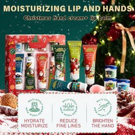 Christmas Hand Cream Lip Balm Gift Set,4 Pack Mini Hand Cream & 4 Pack Mini Lip Balm,Refreshing Nourishing Handcream for Women,Moisturising Lip Care for Dry Lips,Christmas Stocking Stuffers