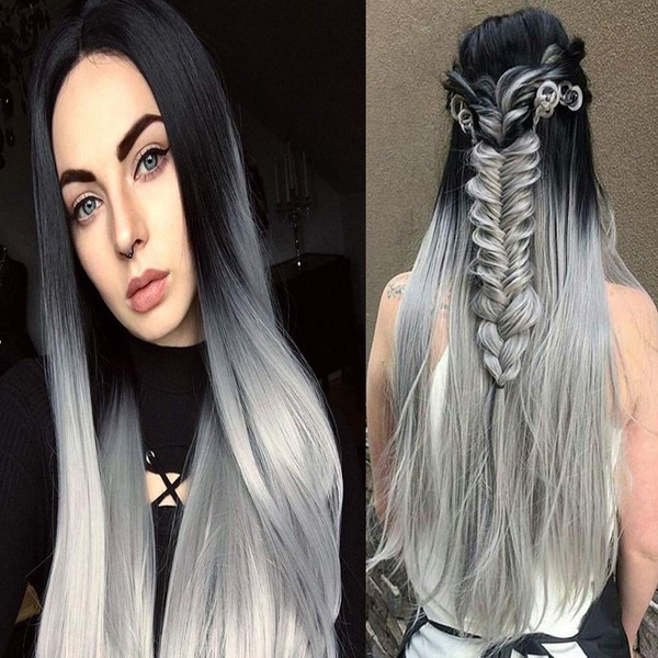 Xiweiya Ash Grey with Dark Roots Synthetic Lace Front Wig Silky Straight Lace Front Wig Heat Resistant Fiber Center Part Lace Wig with Natural Looking For Women