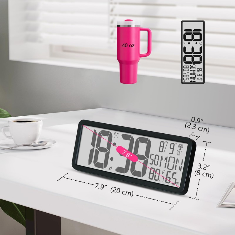 Digital LCD Atomic Desktop Clock, 7.8" Screen with Time, Date,