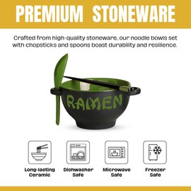 Ramen Bowl Set with Chopsticks and Spoon - Green Microwavable Ceramic Ramen Bowl Set - Use as Ramen Noodles Bowl, Pho Bowls & Japanese Dish Set - Ramen Bowl with Chopsticks and Soup Spoon (Set of 2)