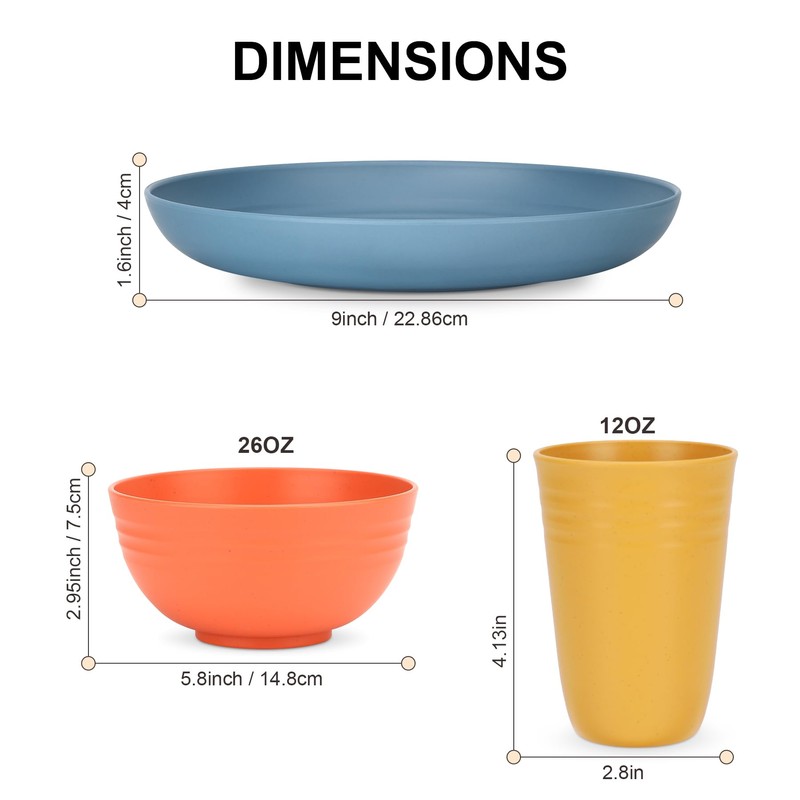 HOTEC 24-Pack Unbreakable Kitchen Plastic Wheat Straw Dinnerware Set –