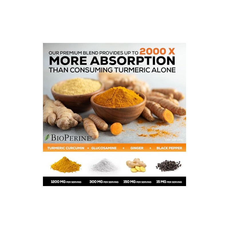 Turmeric Curcumin Supplement - 95% Curcuminoids with Glucosamine, Ginger &