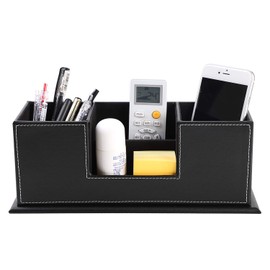 Leather Pen Holder Desk Organiser Multifunction Pen Pot Remote Control Holder Stand and Business Cards Holder Office Supplies Storage Box Caddy Anti-Slip Base for School Home