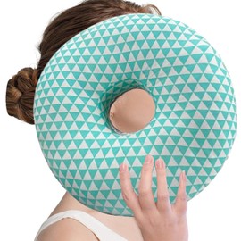 Tomtary Donut Pillow Ear Piercing Pillow for Side Sleepers Adjustable Filling Pressure Reduces Ear Pillow with Hole CNH Piercing Pillow Doughnut for Washed Cotton Earring Pillow (Green & White)