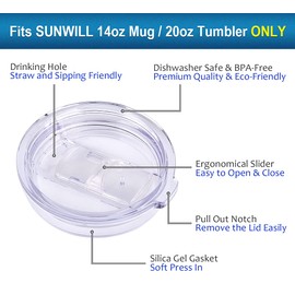 Lid for SUNWILL 14oz Mugs and 20oz Tumblers Only, Spill and Splash Resistant Sliding Covers Replacement 2 Pack, Straw Friendly, BPA Free