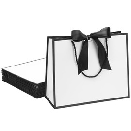 QIELSER Large Black and White Gift Bags with Handles and Ribbon, 12.5x4.5x10 Inch Paper Bags with Tissue Paper for Wedding, Bridesmaid, Baby Shower, Birthday, Holiday Party Gifts (12)