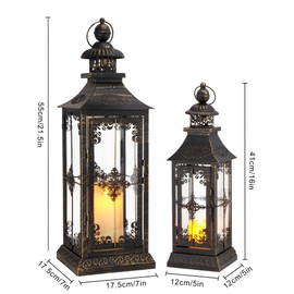 TRIROCKS Set of 2 Decorative Lanterns 21.5'' & 16" H Vintage Hanging Tower Lantern Metal Candle Holder with Tempered Glass for Indoor Outdoor Home Decor Parties Garden Wedding Patio