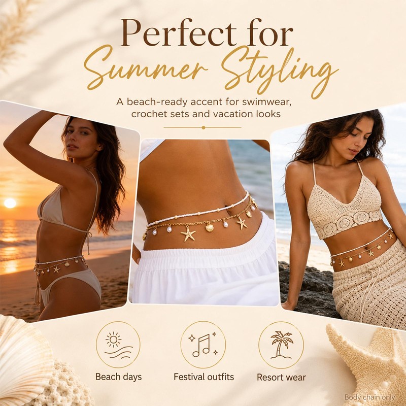 2Pcs Gold Starfish Waist Chain Bikini for Women, Layered Bohemian