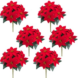MARTINE MALL 6 Packs Poinsettia Flowers Artificial, 7 Heads Poinsettia Christmas Decoration, Velvet Poinsettia Bouquet Christmas Flowers Poinsettia Bush for Christmas Xmas Tree Porch Home Decoration
