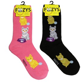 Foozys Women’s Crew Socks | Cat & Yarn Ball Animal Themed Novelty Socks | 2 Pair