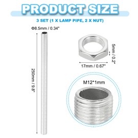PATIKIL M12 Gewinde 250mm/9,8" Lampenrohr-Set mit Sicherungsmuttern, 3er-Set Gewindestangen-Befestigungselemente für Kronleuchter-Deckenleuchte DIY, Zinkbeschichtung
