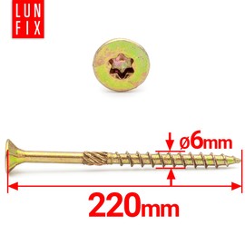 Lun Fix Chipboard Screws 6.0 x 220 mm | Pack of 100 | TX30 (I-Star) - Countersunk Head/Milling Ribs | Yellow Galvanised | Torx Screws | Wood Screws | Universal Screws | Countersunk Screws