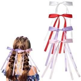 Ellxen 4 Pack Bow Hair Clips with Ribbon,Tassel Ribbon Hair Clips,Ribbon Hair Clips Bows With Long Tail,Metal Bow Hair Clip, for Birthday Party Women Girls Kids (4 Colors-03)