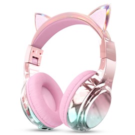 QearFun Kids Cat Ear Bluetooth Headphones, 60H Playtime, 3-Level 74/85/94dB Safe Volume Limit, Wireless Headset with Mic for Girls, Bluetooth 5.3, Foldable for School/Travel/Tablet - Pink