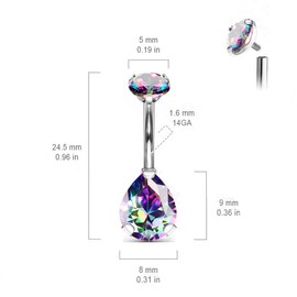 Pierced Owl - 14G G23 Implant Grade Titanium Internally Threaded Top Prong Set Double CZ Pear Navel Belly Button Ring, Metal, cubic-zirconia