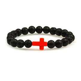 FORUBUS 2Pcs Lava Rock Stone Beaded Bracelet, Cross Charm Natural Volcanic Stone beads Turquoise Stretch Bracelet for Women Men Religion Jewelry Pray Baptism Gift (1pcs red)