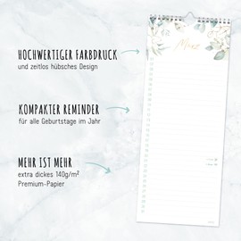 Häfft® Birthday Planner, Wall Calendar, "Gold Leaf", 12 x 30 cm, Undated, Year-Independent/Wall Planner, Sustainable and Climate Neutral