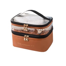 Aylashine Makeup Pouch Storage Pouch Large Capacity Multifunctional Travel Cosmetic Bag Makeup Brush Storage Bag Wash Bag Waterproof Double Layer Transparent + Solid Color Travel Business Travel Double Layer Makeup Organizer Bag-Brown