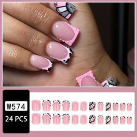 Short Square Press on Nails Pink Fake Nails Glossy Glue on Nails French Tip Acrylic Nails Cute Artificial Nails Zebra Stripe Flower Stick on False Nails for Women 24 Pcs