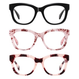 Reglaaly Blue Light Glasses for Woman - 3 Pack Round Retro Frame Fake Glasses, Circle Computer Gaming Glass, Black+Red Leopard+Pink Leopard