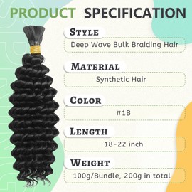 Deep Wave Bulk Braiding Hair for Boho Braids 22 Inch 2 Bundles 200g Curly Boho Hair for Braiding No Weft Wet and Wavy Hair Extensions (#1B)