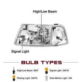 JSBOYAT Headlight Assembly Replacement Bulbs Included w/Corner Light 4PCS for 2001-2011 Ford Ranger Headlamp Driver & Passenger Side (Chrome Housing with Clear Reflector)