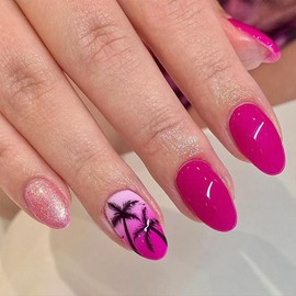 Summer Press on Nails Medium Almond Fake Nails Purple Pink False Nails with Coconut Tree Designs Nail Glitter Glue on Nails Spring Stick on Nails Full Cover Cute Acrylic Nails Matte Artificial Nails