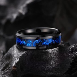 King Will Mens 8mm Black Tungsten Carbide Wedding Ring Blue Foils Inlay Tungsten Ring Beveled Edge Tungsten Ring 10