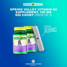 Spring Valley, Vitamin B6 100mg, 250 Count Tablets Dietary Supplement + 7 Day Pill Organizer Included (Pack of 2)