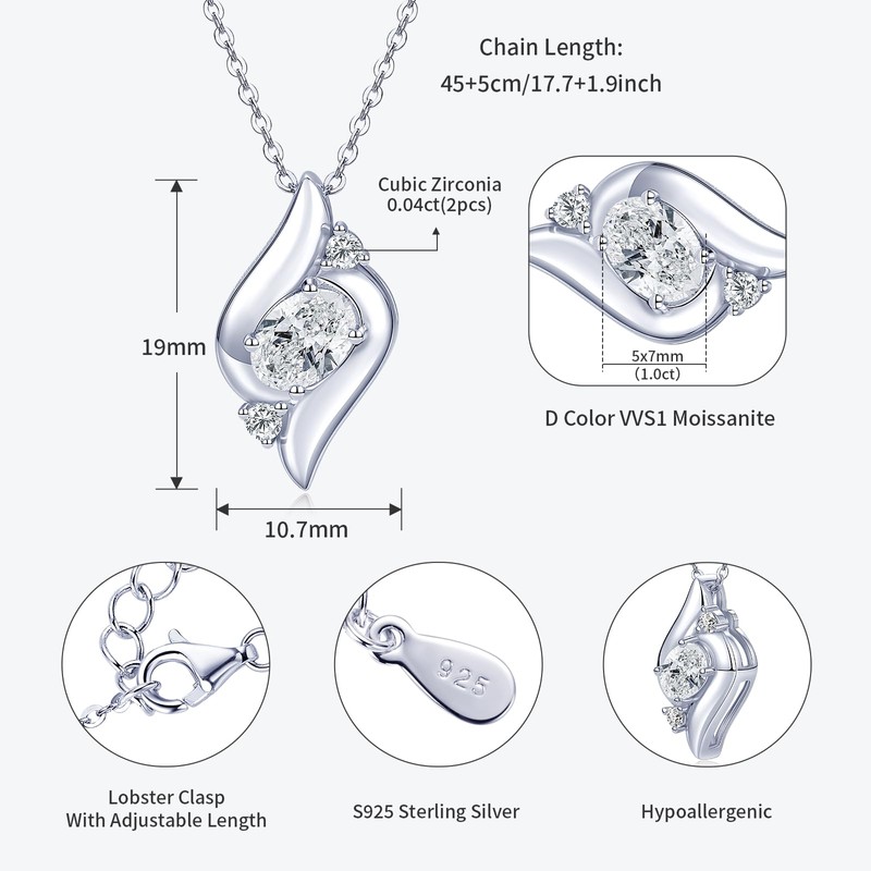 EONFUN 1.5CT Oval Moissanite Pendant Necklace for Women (Silver)