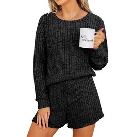 ANRABESS Women's 2 Piece Lounge Pajama Sets Casual Ribbed Long Sleeve Top Matching Shorts Sleepwear PJ Set 2025 Fall Outfits Black Medium