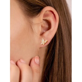 Silvora S925 Silver Gold Plated Full Zircon Butterfly Stud Earrings - Stunning Gold Butterfly Earrings for Women
