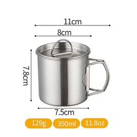 Camping Cup Pot, Stainless Steel Camping Mugs Outdoors Cup with Foldable Handle and Lid Scale for Outdoor Camping Hiking Backpacking(True Color-350ml)