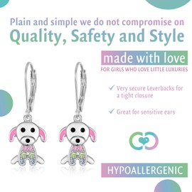 Kids Hoop Earrings, Cute Dog Earrings for Girls, Hypoallergenic White Gold Toned Jewelry with 925 Silver Leverbacks, Earrings with Colorful Crystals, Small Earring with Hoops for Kids