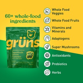 Gruns Adults Super Greens Gummies, Multivitamin Superfood Gummy Bears, Spirulina, Chlorella, Prebiotics & Fiber Gummies for Digestive Health, Adaptogens Supplement, 20 Vitamins & Minerals, 10 Count