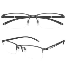 [AMMGLSS] 遠中近三用メガネ ブルーライトカット ユニセックスのハーフリム型メガネ 樹脂製レンズ チタン合金 メンズ レディース グレー 度数+1.5