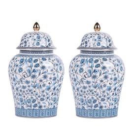 Chinoiserie Ginger Jar 2-Pcs Set,Versatile Blue and White Porcelain Decorative and Storage Jars with Lids (Set K)