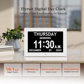 10.1'' Extra Large Digital Clock, 1280*800p HD Display, Dementia Clock For Seniors, Digital Clock With Date, Time, Day Of Week, 10 Reminders & 6 Alarms, Auto Dimming & DST, Remote Control, White