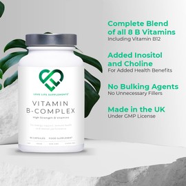 High Strength Vitamin B-Complex | 90 Capsules - 90 Day Supply | Vitamins B1, B2, B3, B5, B6, B7, B9, B12, Inositol and Choline | Love Life Supplements