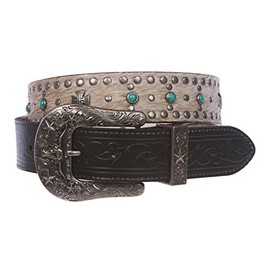 Western Cowgirl Snap On Cross Turquoise Studded Leather Belt With Animal Fur Size: 34 Color: Black