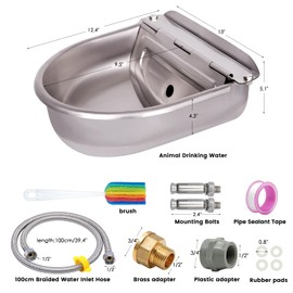 1 Gal Extra Large Automatic Horse Waterer Stainless Steel Dog Water Bowl Dispenser with Brass Float Valve Auto Fill Livestock Water Trough for Dogs Chicken Farm Animal