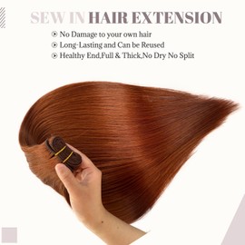 Copper Sew in Weft Hair Extensions Real Human Hairs 24 Inch Hand Tied Light Auburn Brown Double Weft Sew in Hair Bundles Copper Remy Hair Extension 120G Full Head Straight for Women